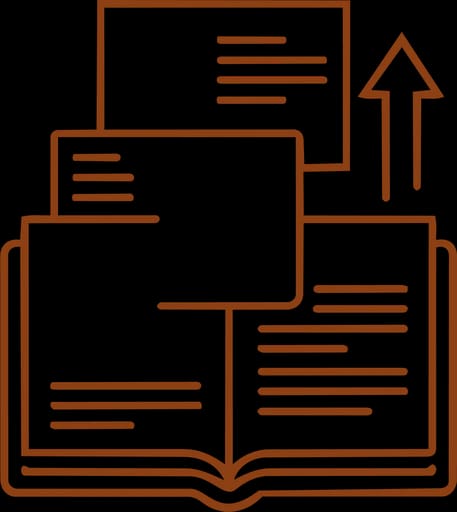 Ícone de documentação museológica: livro aberto e fichas de catalogação